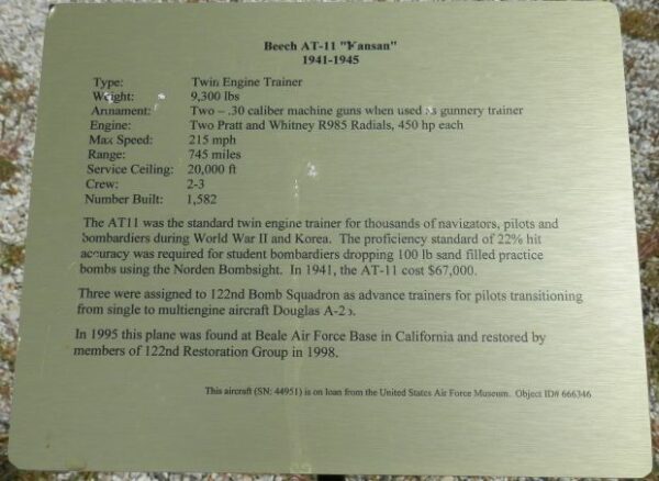 BEECH AT-11 “KANSAN” WAR MEMORIAL PLAQUE