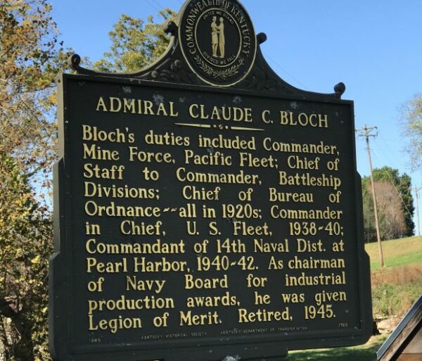 ADMIRAL CLAUDE C. BLOCH WAR MEMORIAL MARKER BACK