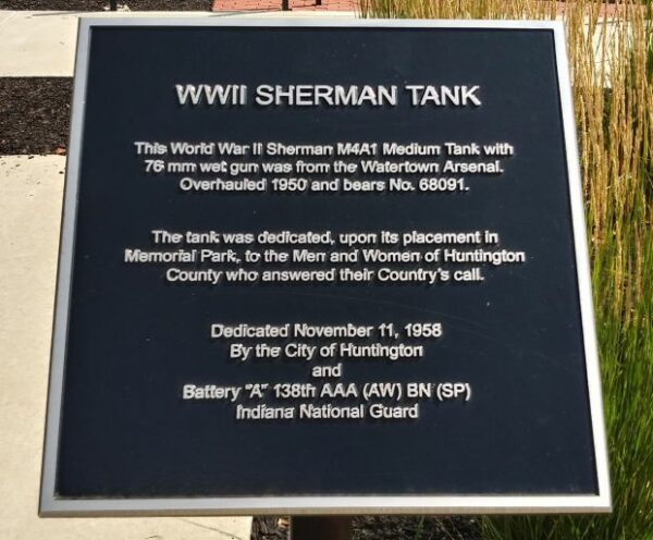 HUNTINGTON COUNTY WWII SHERMAN TANK MEMORIAL PLAQUE A