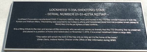 LOCKHEED T-33A SHOOTING STAR WAR MEMORIAL AIRCRAFT PLAQUE