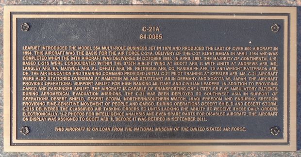 C-21A 840065 WAR MEMORIAL AIRCRAFT PLAQUE