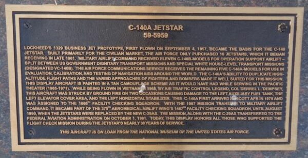 C-140A JETSTAR 59-5959 WAR MEMORIAL AIRCRAFT PLAQUE
