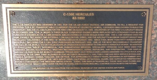 C-130E HERCULES 62-1892 WAR MEMORIAL AIRCRAFT PLAQUE