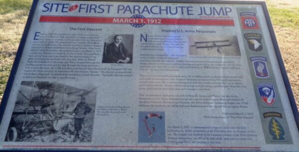 SITE OF FIRST PARACHUTE JUMP MEMORIAL PLAQUE