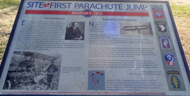 SITE OF FIRST PARACHUTE JUMP MEMORIAL PLAQUE
