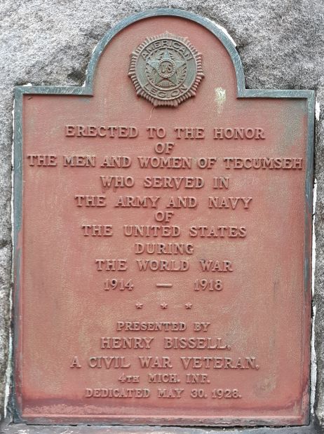 TECUMSEH WORLD WAR MEMORIAL PLAQUE
