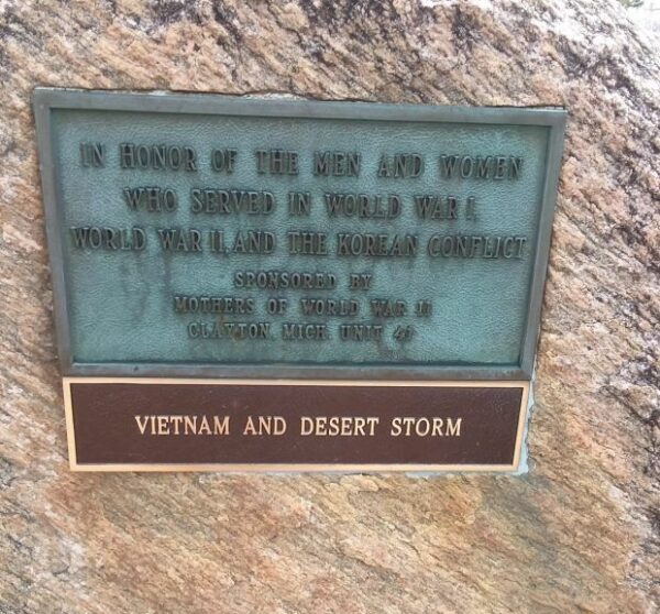 CLAYTON, MI WAR VETERANS MEMORIAL PLAQUE