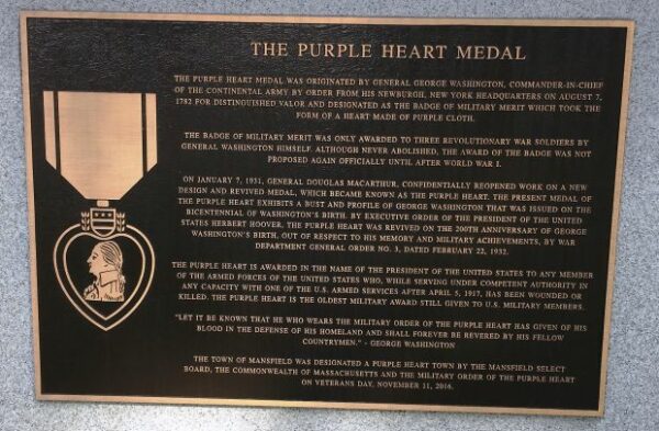 MANSFIELD THE PURPLE HEART MEDAL WAR MEMORIAL PLAQUE