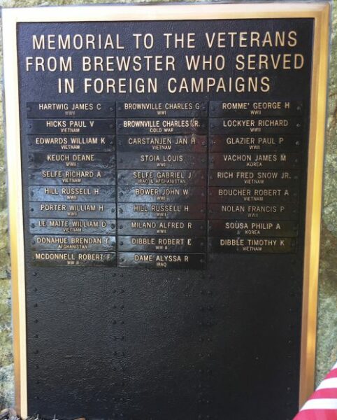 TOWN OF BREWSTER VETERANS OF FOREIGN CAMPAIGNS MEMORIAL PLAQUE