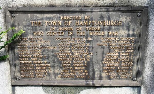 TOWN OF HAMPTONBURGH WORLD WAR MEMORIAL PLAQUE
