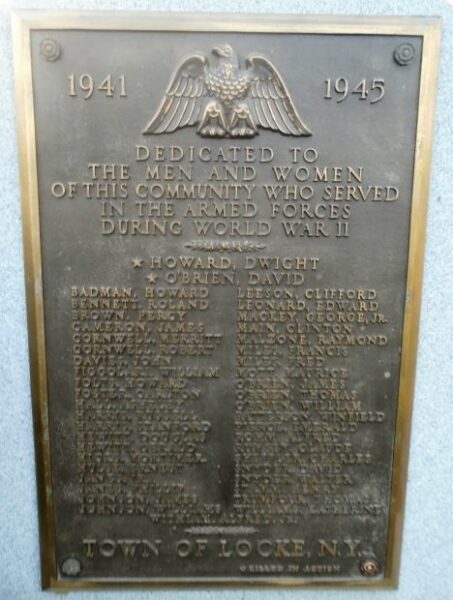 TOWN OF LOCKE WAR VETERANS MEMORIAL PLAQUE B