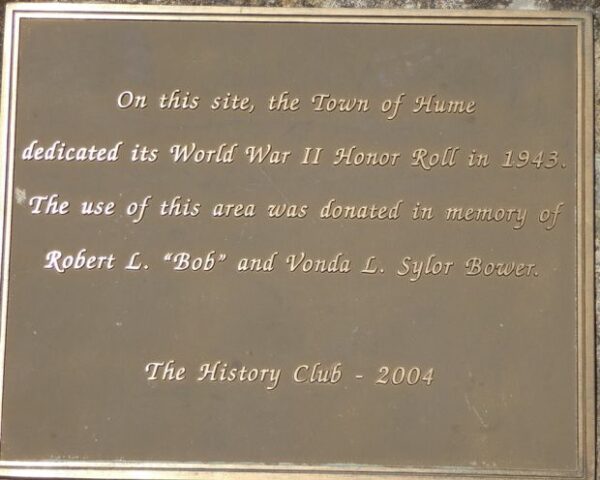 TOWN OF HUME WORLD WAR II HONOR ROLL MEMORIAL PLAQUE