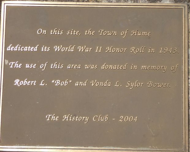TOWN OF HUME WORLD WAR II HONOR ROLL MEMORIAL PLAQUE
