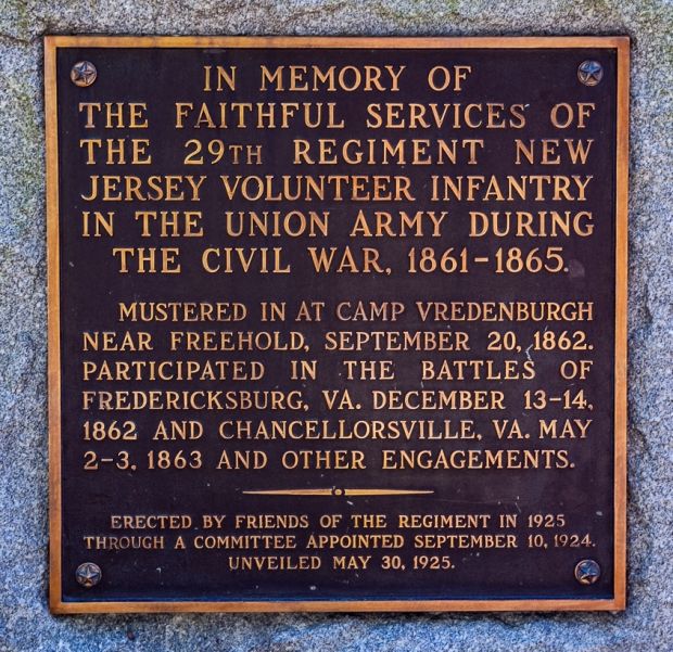 29TH REGIMENT NEW JERSEY VOLUNTEER INFANTRY WAR MEMORIAL PLAQUE
