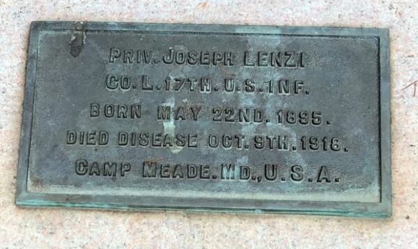 PRIV. JOSEPH LENZI WAR MEMORIAL PLAQUE