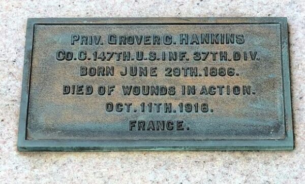 PRIV. GROVER C. HANKINS WAR MEMORIAL PLAQUE