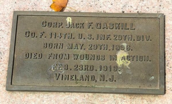 CORP. JACK F. GASKILL WAR MEMORIAL PLAQUE