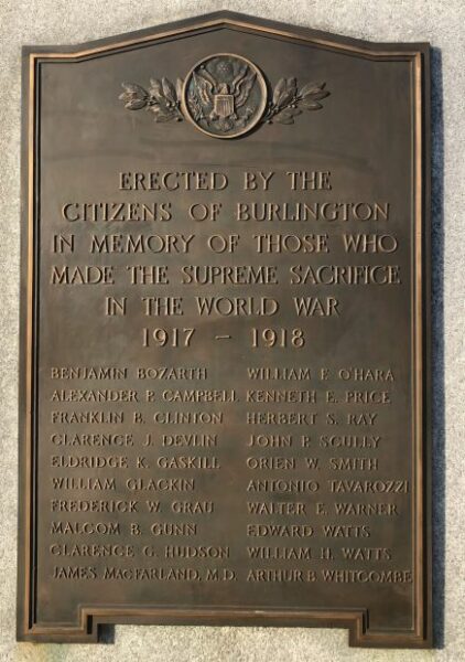 BURLINGTON, NJ WORLD WAR MEMORIAL PLAQUE