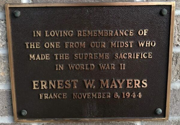 ERNEST W. MAYERS WAR MEMORIAL PLAQUE