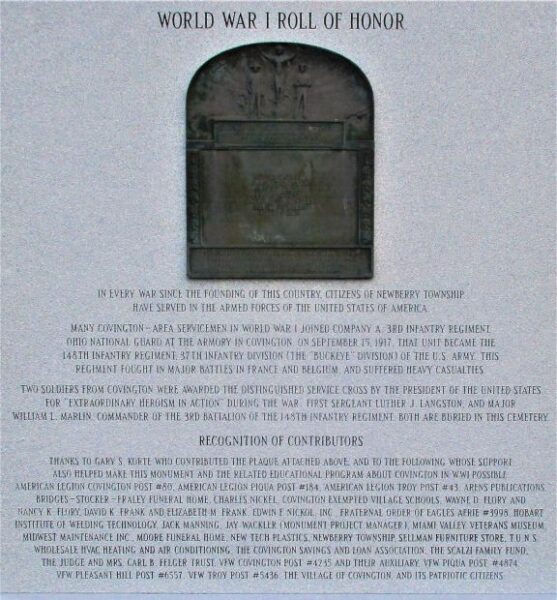 COVINGTON-AREA WORLD WAR I MEMORIAL FRONT