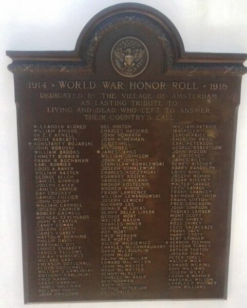 VILLAGE OF AMSTERDAM WORLD WARS MEMORIAL PLAQUE A