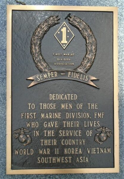 FIRST MARINE DIVISION WAR VETEANS MEMORIAL PLAQUE