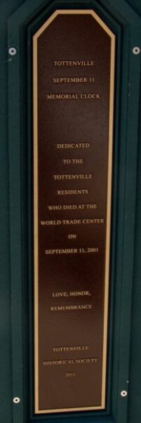 TOTTENVILLE SEPTEMBER 11 MEMORIAL CLOCK PLAQUE
