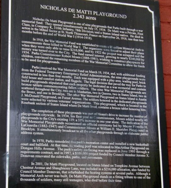 NICHOLAS DE MATTI PLAYGROUND MEMORIAL PLAQUE