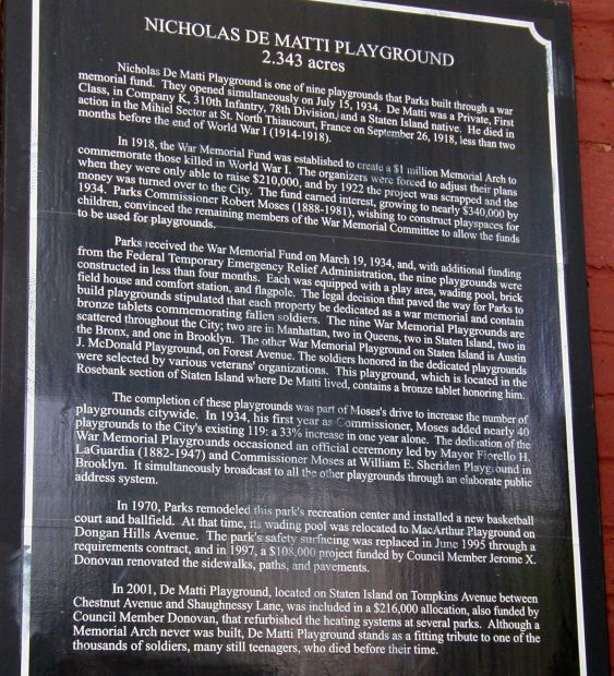NICHOLAS DE MATTI PLAYGROUND MEMORIAL PLAQUE