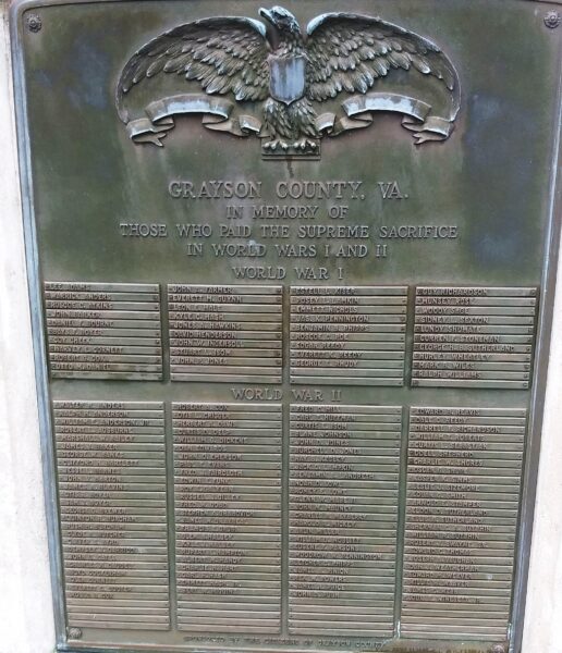 GRAYSON COUNTY, VA. SUPREME SACRIFICE WAR MEMORIAL PLAQUE