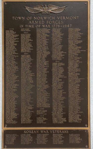 TOWN OF NORWICH WAR VETERANS MEMORIAL PLAQUE