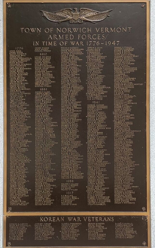 TOWN OF NORWICH WAR VETERANS MEMORIAL PLAQUE