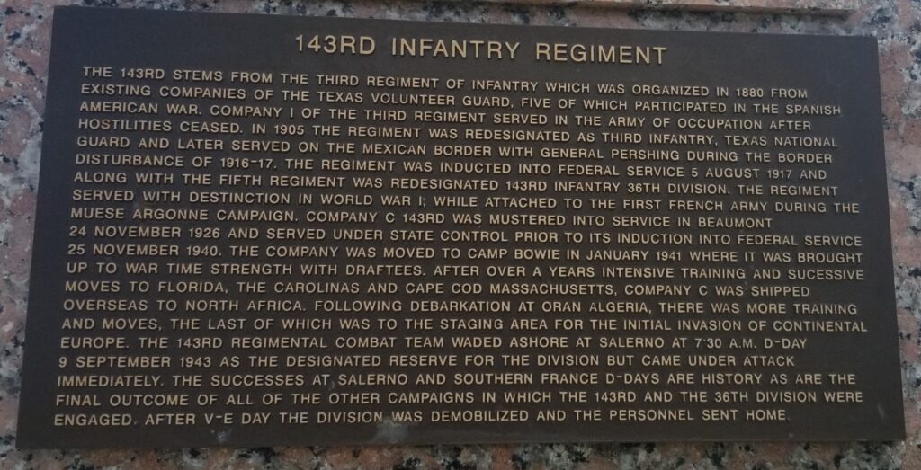 143RD INFANTRY REGIMENT WAR MEMORIAL PLAQUE A