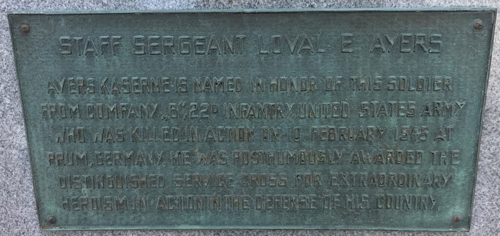 STAFF SERGEANT LOVAL E AYERS WAR MEMORIAL PLAQUE