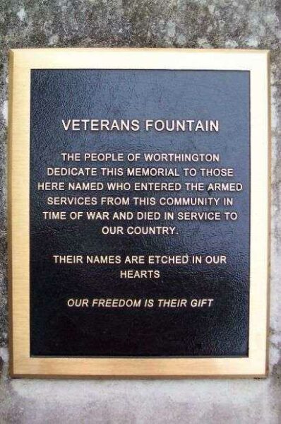 WORTHINGTON COUNTY VETERANS FOUNTAIN MEMORIAL PLAQUE