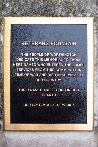 WORTHINGTON COUNTY VETERANS FOUNTAIN MEMORIAL PLAQUE