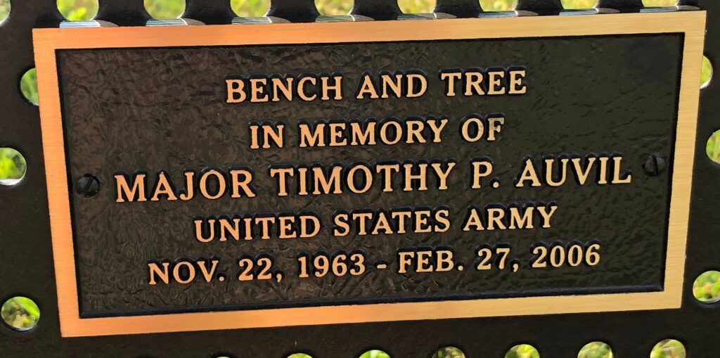 MAJOR TIMOTHY P. AUVIL WAR MEMORILA BENCH PLAQUE