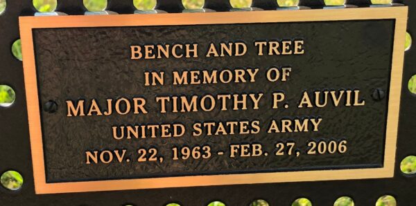 MAJOR TIMOTHY P. AUVIL WAR MEMORILA BENCH PLAQUE