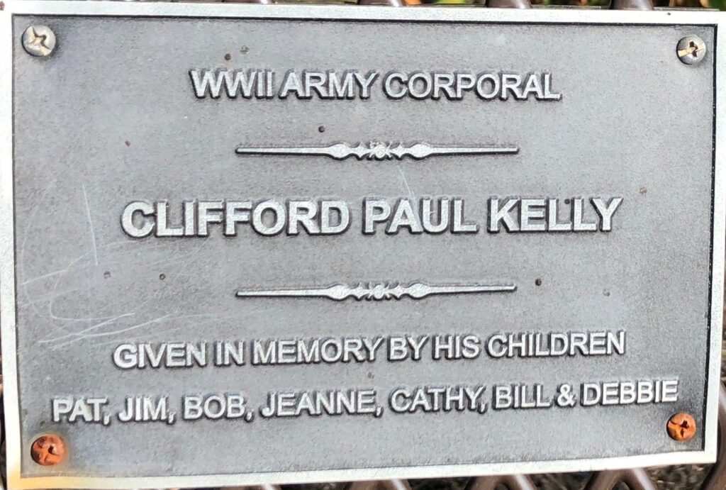 WWII ARMY CORPORAL CLIFFORD PAUL KELLY MEMORIAL BENCH PLAQUE