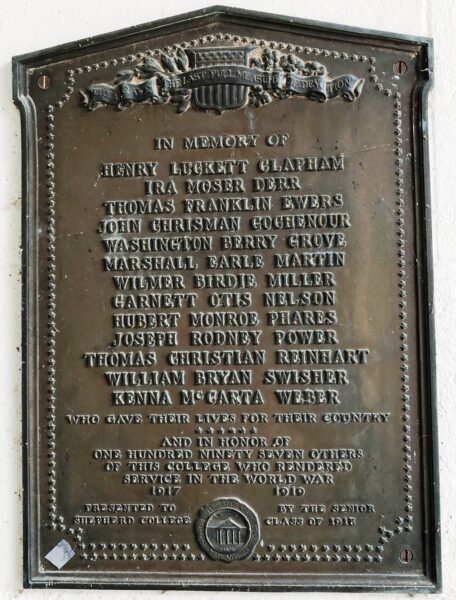 SHEPHERD COLLEGE WORLD WAR MEMORIAL PLAQUE