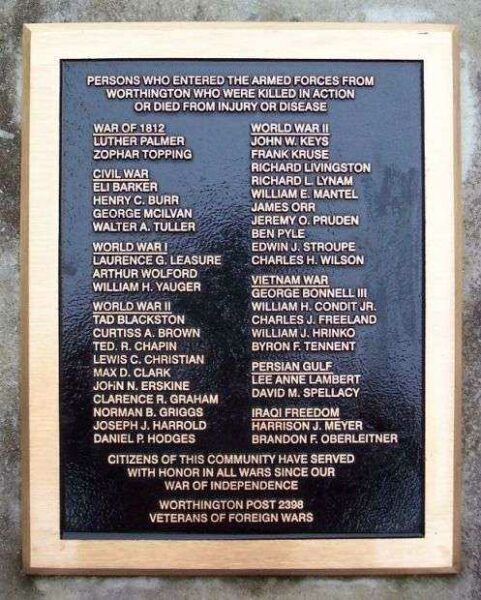 WORTHINGTON COUNTY VETERANS FOUNTAIN MEMORIAL PLAQUE WITH NAMES