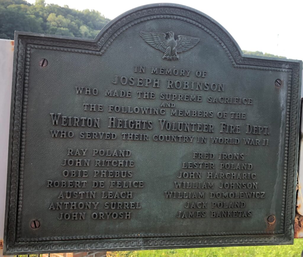 WEIRTON HEIGHTS VOLUNTEER FIRE DEPT. WORLD WAR II MEMORIAL PLAQUE