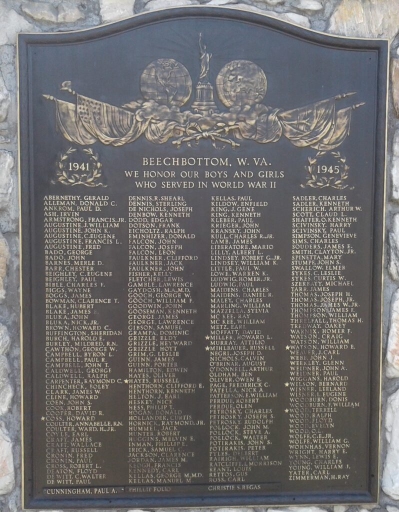 BEECHBOTTOM, W. VA. WORLD WAR II MEMORIAL PLAQUE