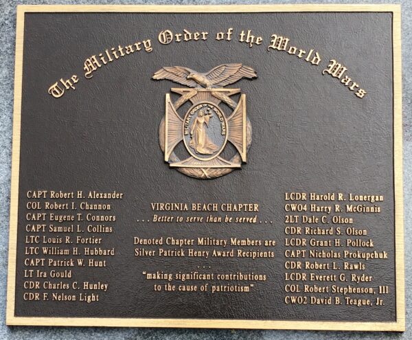 VIRGINIA BEACH CHAPTER OF THE MILITARY ORDER OF THE WORLD WARS MEMORIAL PLAQUE