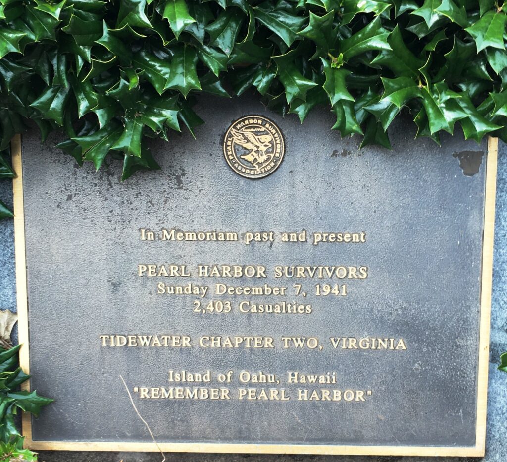 TIDEWATER CHAPTER TWO PEARL HARBOR SURVIVORS MEMORIAL PLAQUE