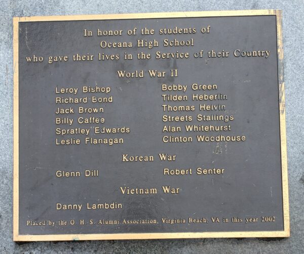 OCEANA HIGH SCHOOL WAR VETERANS MEMORIAL PLAQUE