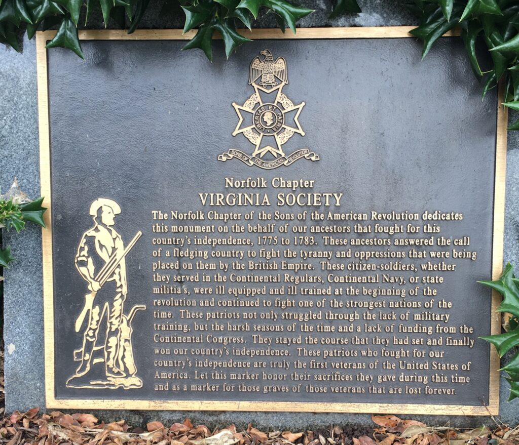 NORFOLK CHAPTER VIRGINIA SOCIETY REVOLUTIONARY WAR MEMORIAL PLAQUE