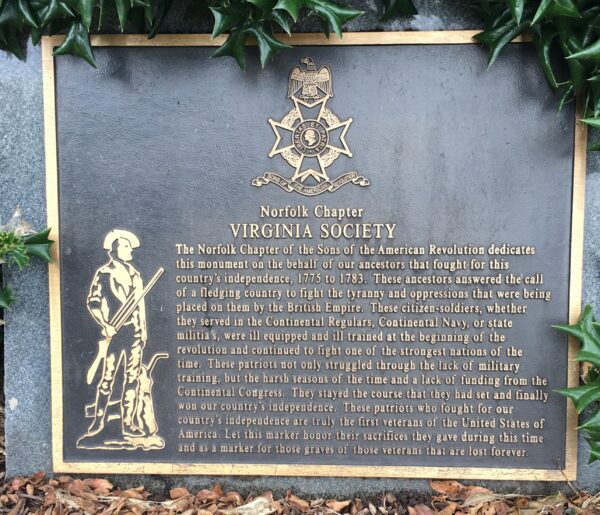 NORFOLK CHAPTER VIRGINIA SOCIETY REVOLUTIONARY WAR MEMORIAL PLAQUE