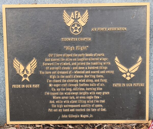 “HIGH FLIGHT” TIDEWATER CHAPTER MEMORIAL PLAQUE