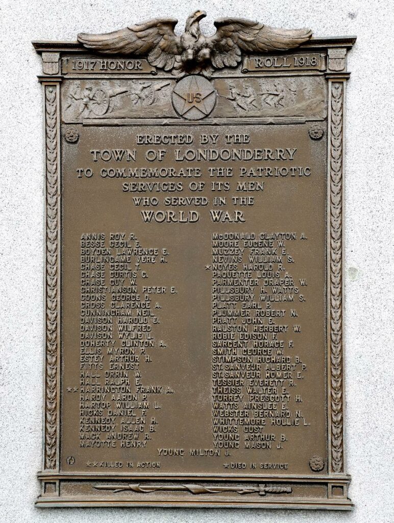 TOWN OF LONDONDERRY WORLD WAR MEMORIAL PLAQUE